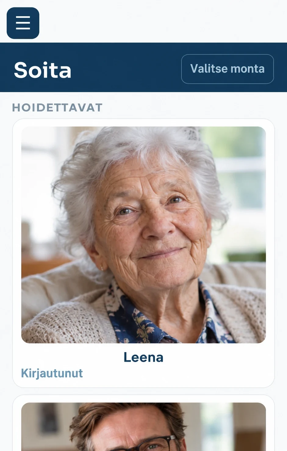 The Call page on a family member's phone: the loved one's large photo, name and the status Signed in.