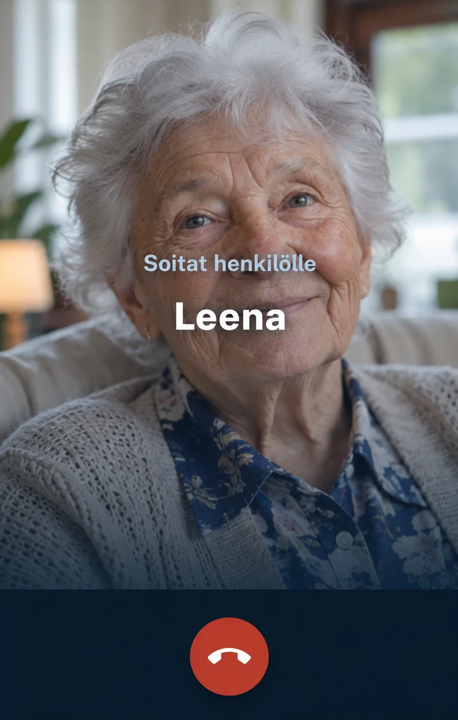 A family member's phone calling: the loved one's photo fills the screen with the text You are calling, the name and a red End button.